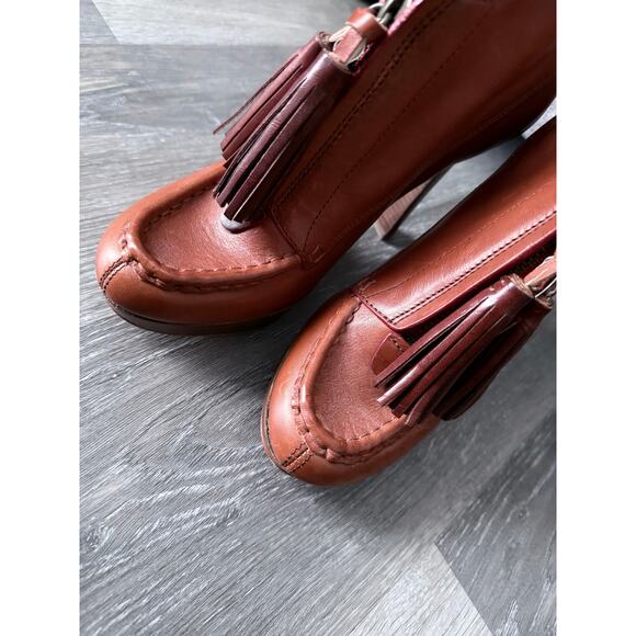 COACH cognac brown supple leather tassel zip front heeled ankle booties boots - Picture 4 of 11